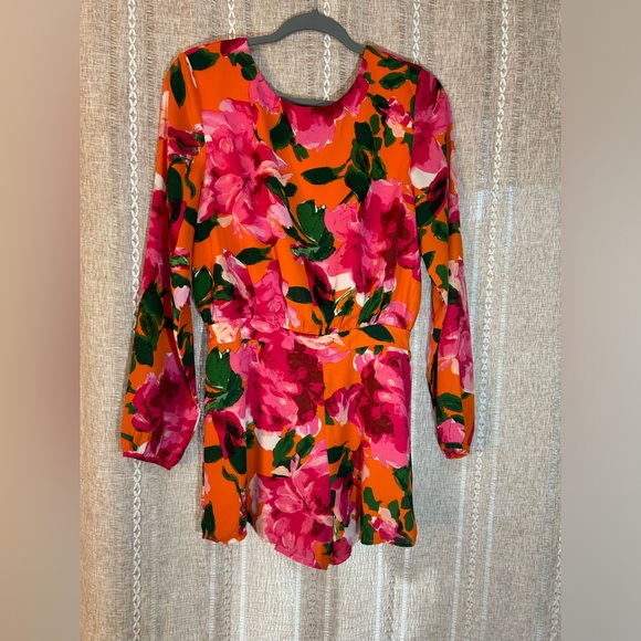 Lulu’s Sweetest Song Orange and Pink Floral Print Backless Long Sleeve Romper. - Picture 9 of 10